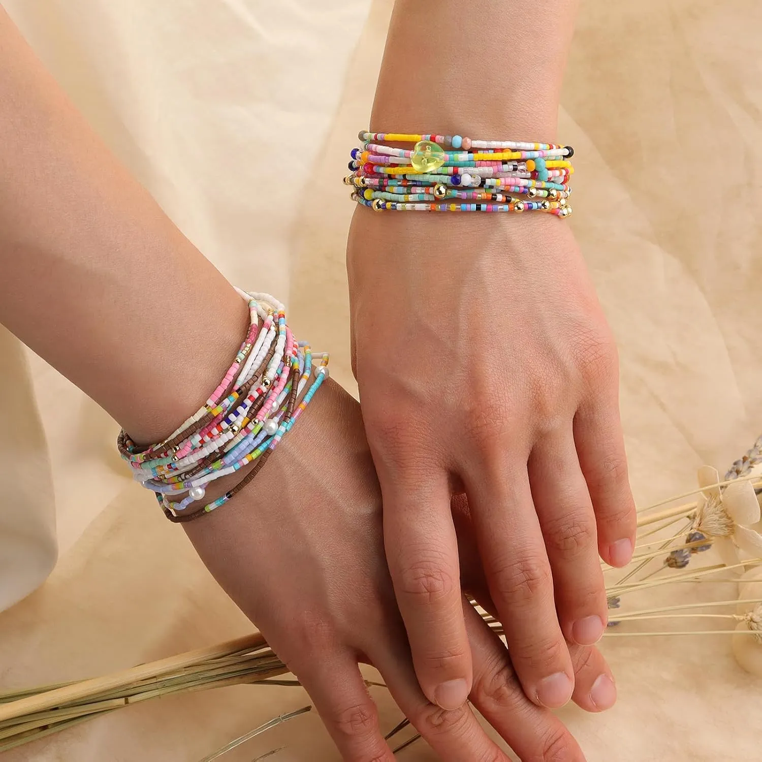 Colorful Seed Beaded Pearl Stackable Stretch Bracelets for Women, Dainty Boho Handmade Beads Layered Bracelet Summer Beach Jewelry Gift