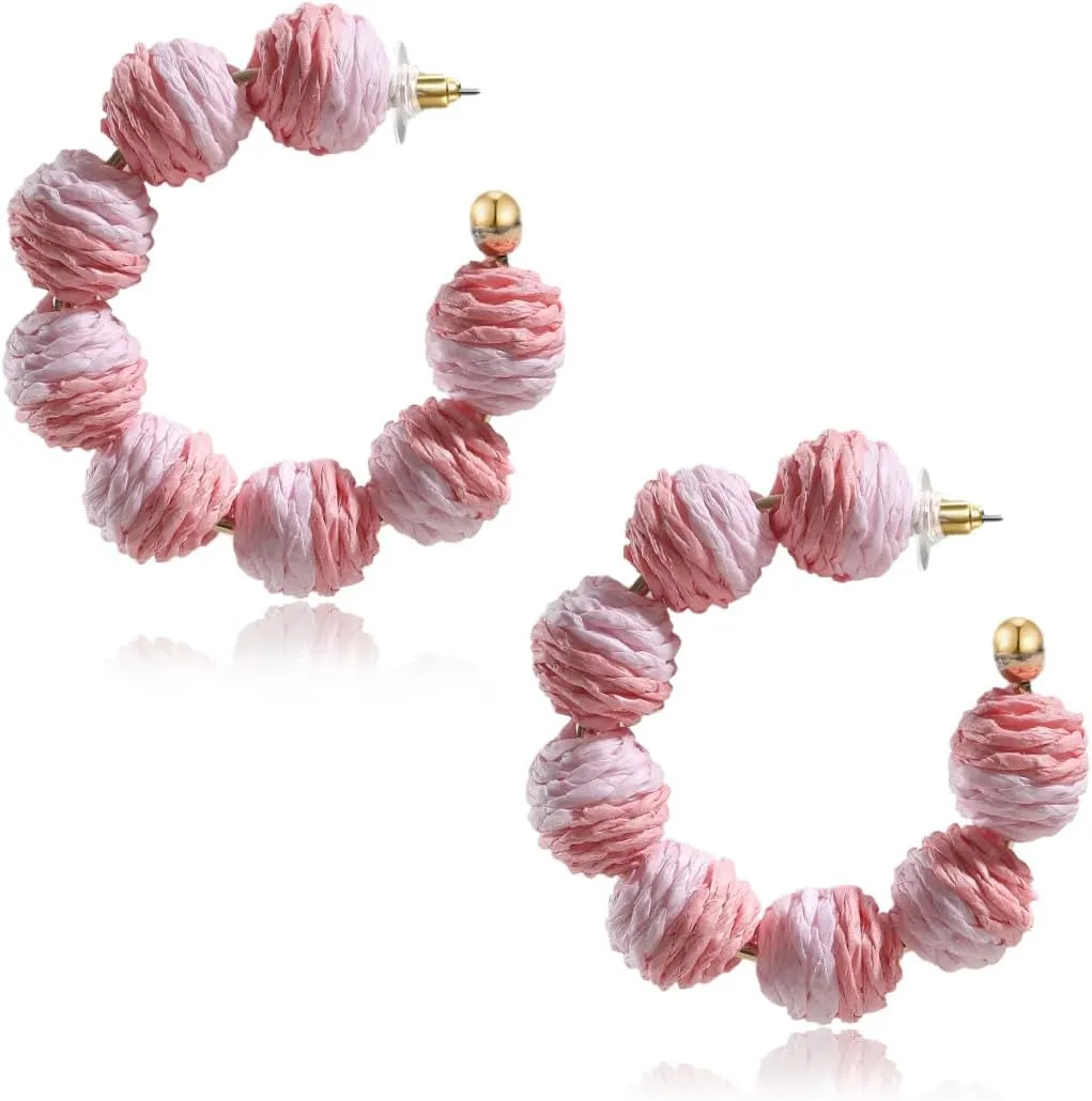 Colorful Statement Raffia Hoop Dangle Earrings for Women - Fun Summer Rattan Beach Vacation Jewelry Teacher Gifts