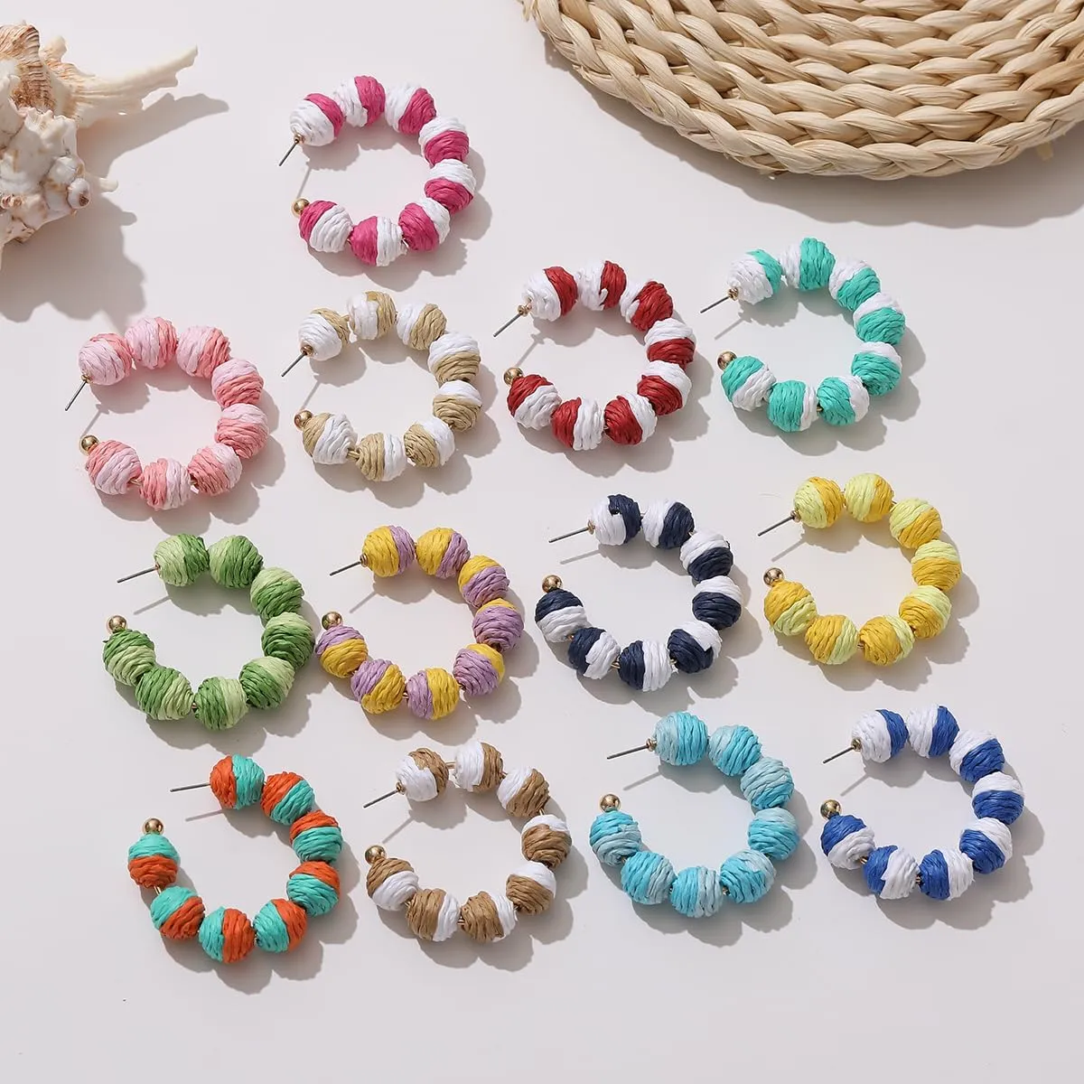 Colorful Statement Raffia Hoop Dangle Earrings for Women - Fun Summer Rattan Beach Vacation Jewelry Teacher Gifts