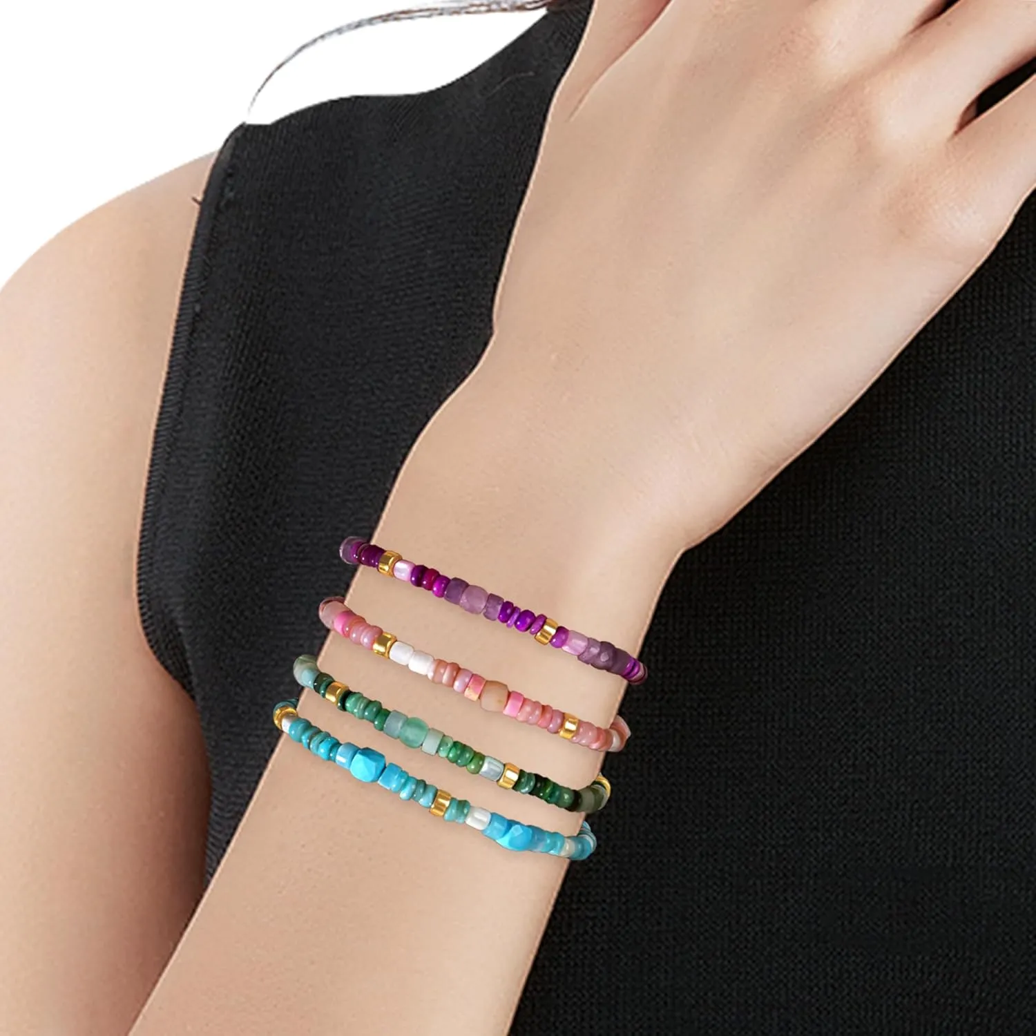 Colorful Stone Beaded Stackable Stretch Bracelets for Women, Trendy Handmade Gold Gemstone Beads Friendship Bracelet Summer Beach Jewelry Gift