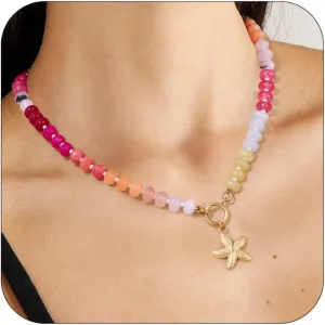 CONRAN KREMIX Rainbow Stone Colorful Beaded Necklace for Women,Rainbow Natural Gemtone Bead Choker,Boho Surfer Beach Necklaces,Summer Jewelry