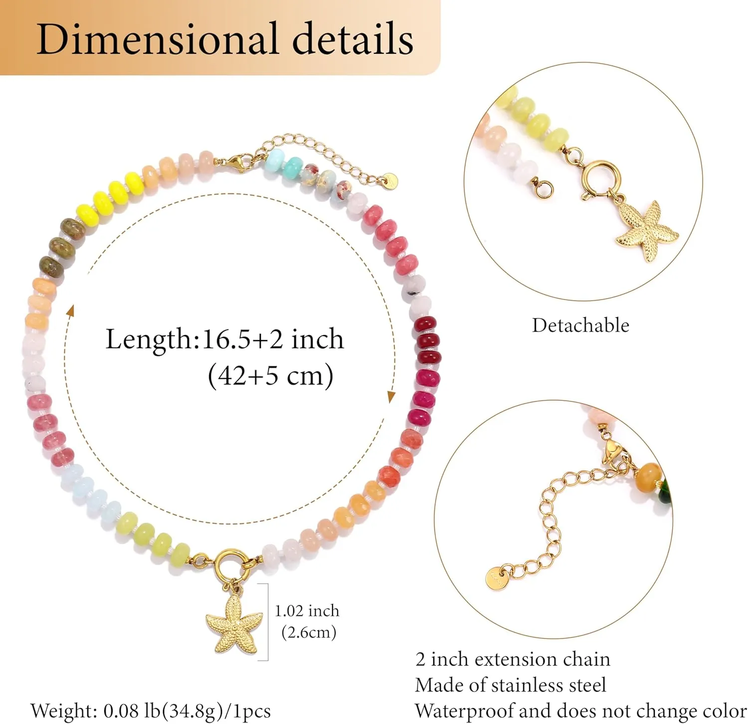 CONRAN KREMIX Rainbow Stone Colorful Beaded Necklace for Women,Rainbow Natural Gemtone Bead Choker,Boho Surfer Beach Necklaces,Summer Jewelry