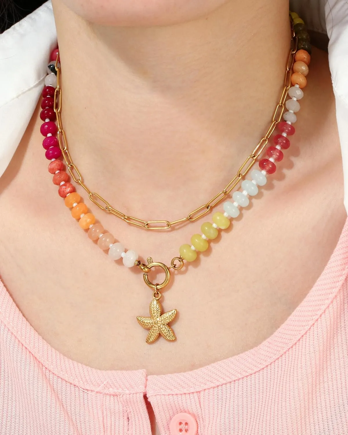 CONRAN KREMIX Rainbow Stone Colorful Beaded Necklace for Women,Rainbow Natural Gemtone Bead Choker,Boho Surfer Beach Necklaces,Summer Jewelry