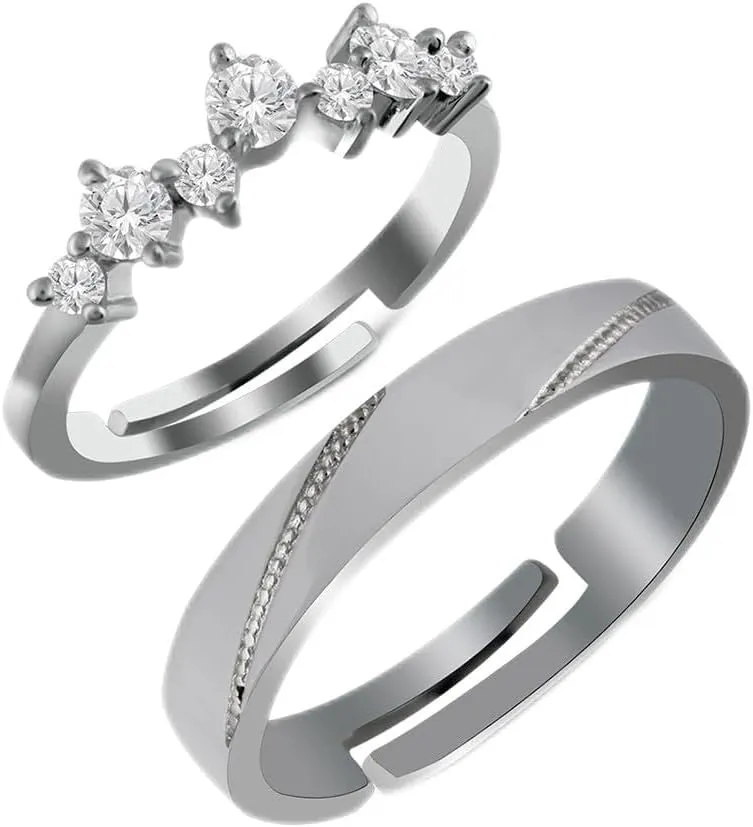 Couples Adjustable Ring Sterling Silver Shimmering Stones Stylish Design Fashionable Ring A Stunning Set of Silver Rings | 925 Sterling Silver American Diamond Gemstone Jewelry For Him & Her
