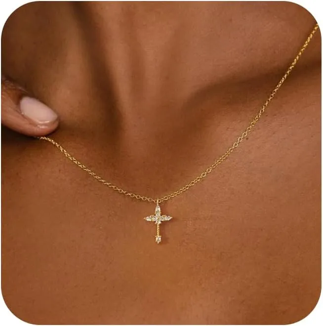 Cross Necklace for Women,Double Cross Necklace 14K Gold Plated Cross Pendant Necklace Dainty Gold Cross Necklaces for Women Trendy Small Cross Charm Necklace Simple Cute Choker Necklaces Gold Jewery