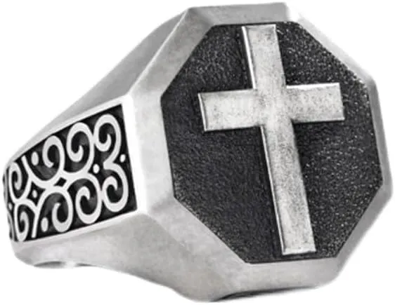 Cross Signet Mens RingS925 Sterling Silver Unique Faith Christian Ring Vintage Religious Cross Ring Silver Catholic Jewelry Gifts for Men Dad Boy Husband