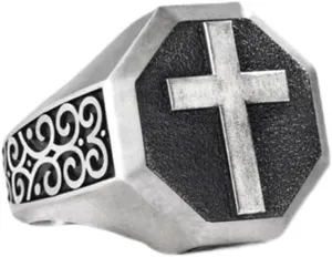 Cross Signet Mens RingS925 Sterling Silver Unique Faith Christian Ring Vintage Religious Cross Ring Silver Catholic Jewelry Gifts for Men Dad Boy Husband