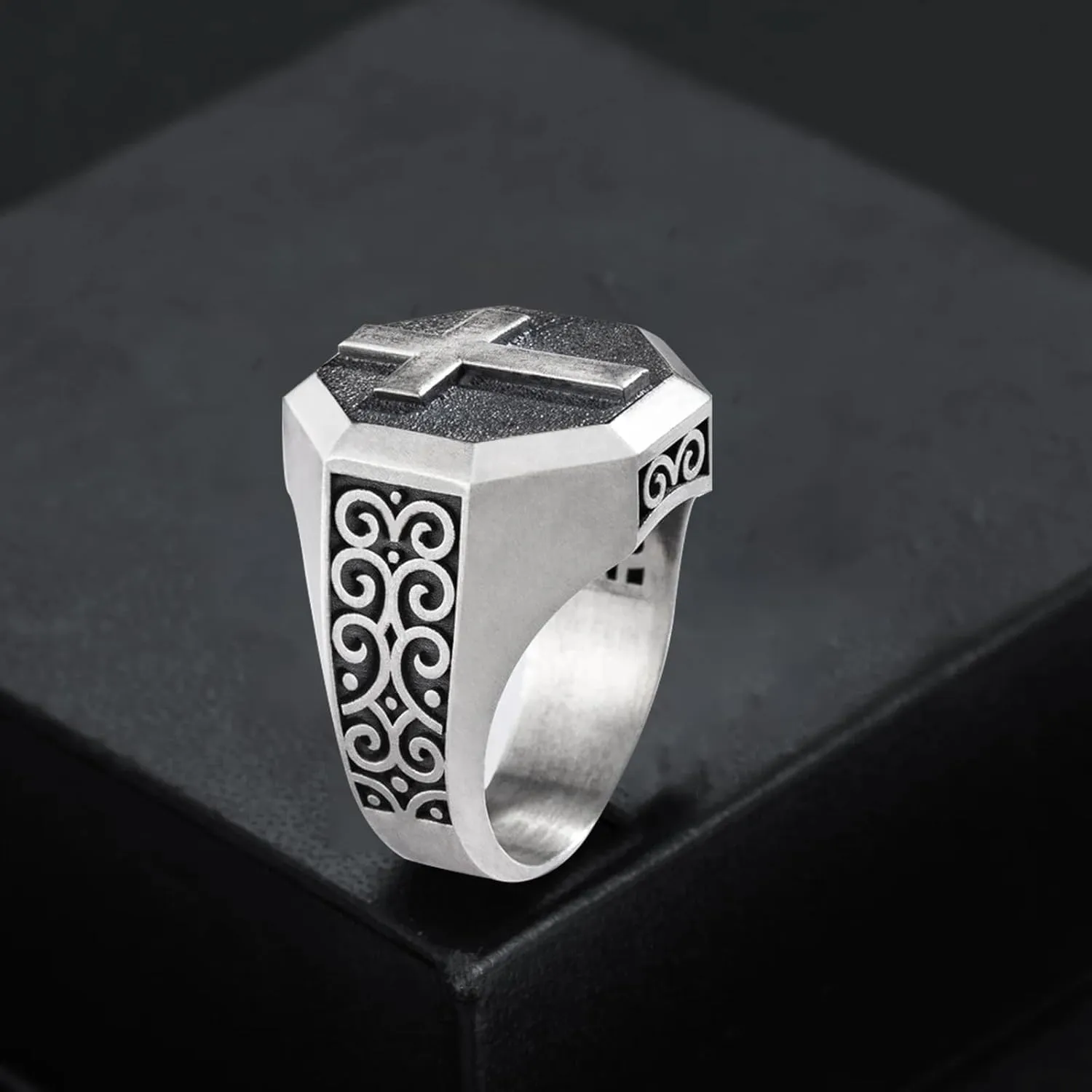 Cross Signet Mens RingS925 Sterling Silver Unique Faith Christian Ring Vintage Religious Cross Ring Silver Catholic Jewelry Gifts for Men Dad Boy Husband