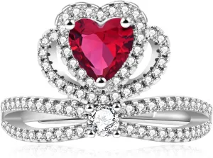Crown Ring 6mm Red/Blue/Green Heart Shape Cubic Zirconia Ring Platinum Plated Engagement Promise Anniversary Wedding Bridal Birthday Rings Valentine's Day Gift for Her