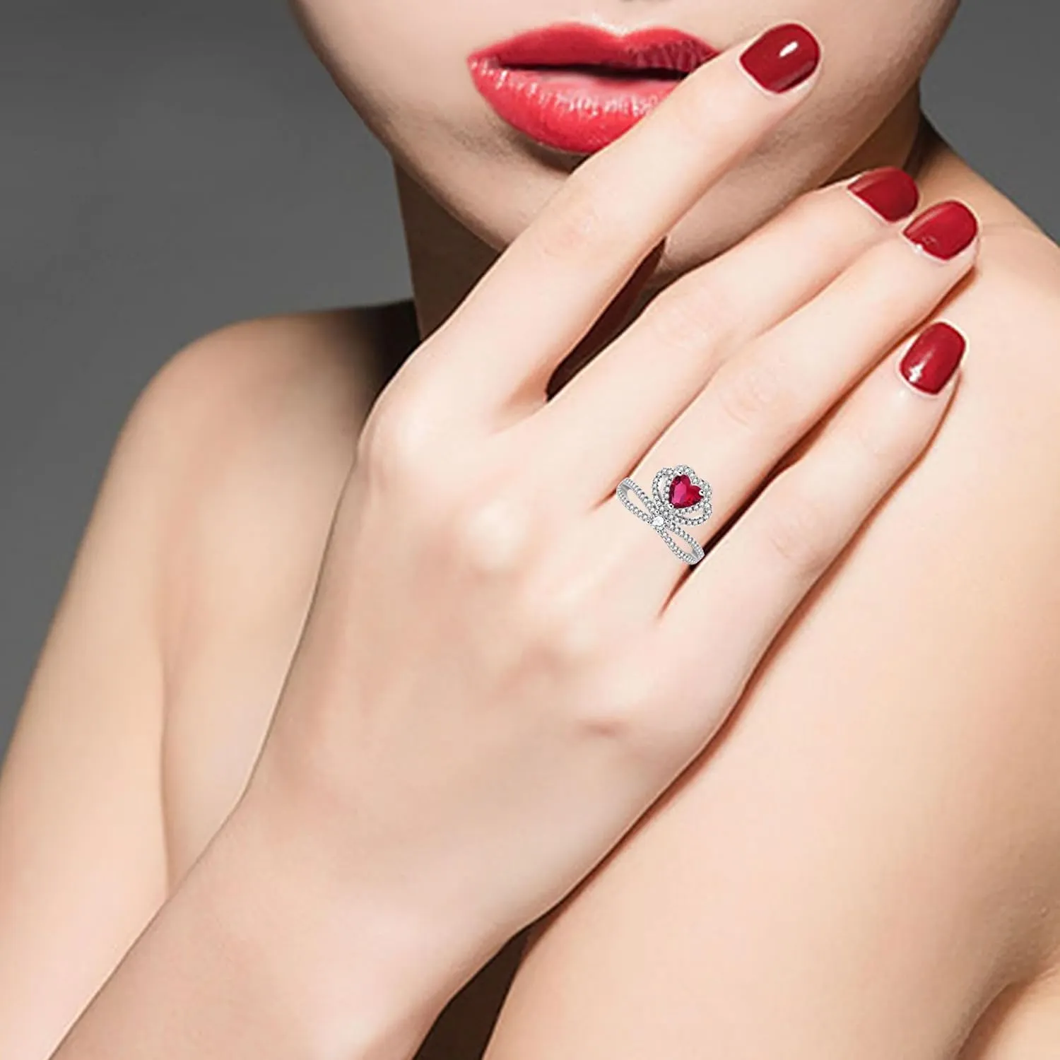 Crown Ring 6mm Red/Blue/Green Heart Shape Cubic Zirconia Ring Platinum Plated Engagement Promise Anniversary Wedding Bridal Birthday Rings Valentine's Day Gift for Her