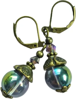 Crystal Ball' Round Drop Hand Bronze Artisan Earrings Jewelry Handmade Dangle Leverback Vintage Crafted For Women