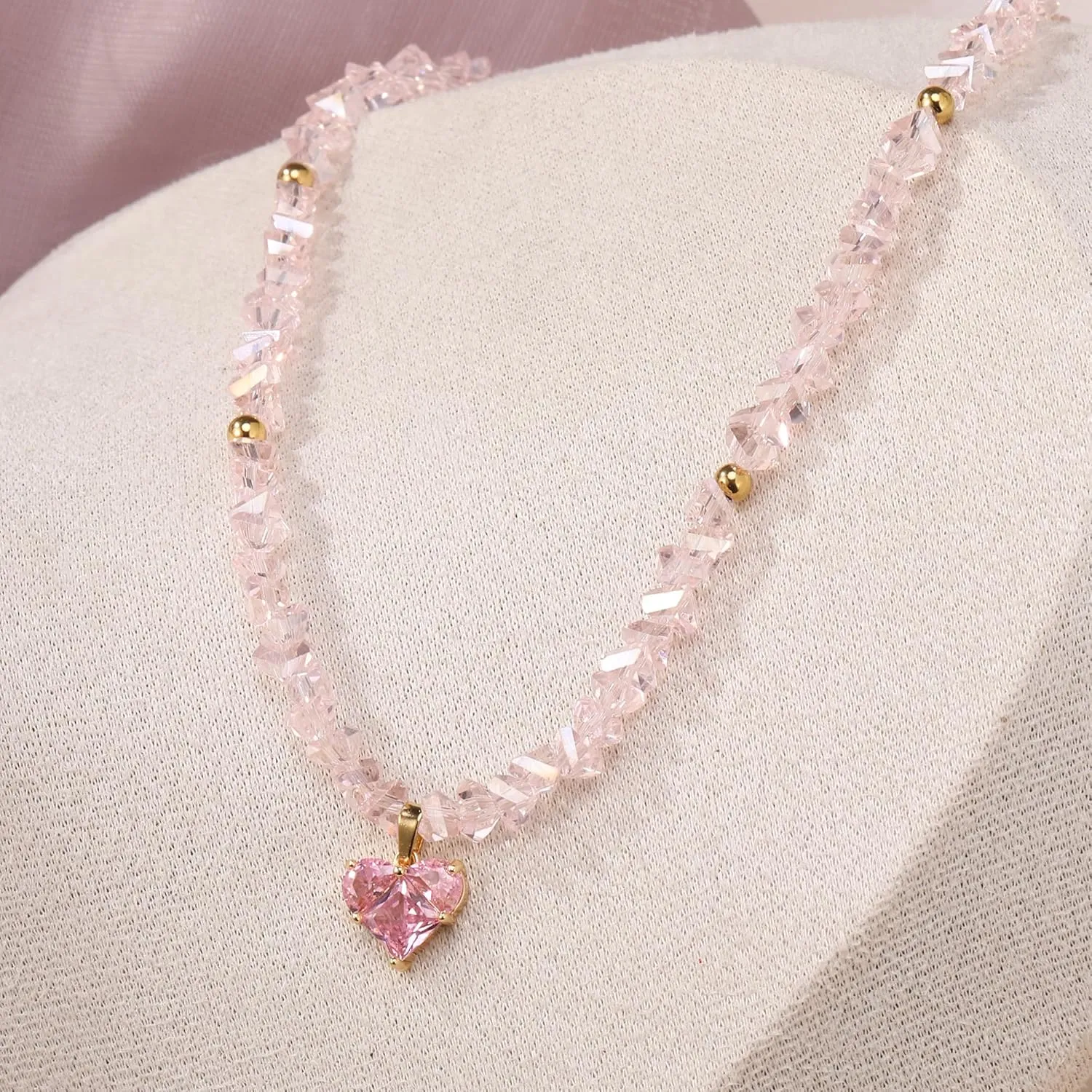 Crystal Beaded Heart Pendant Choker Necklace for Women Y2k Coquette Dainty Diamond Necklace Cubic Zirconia Chain Necklaces Jewelry