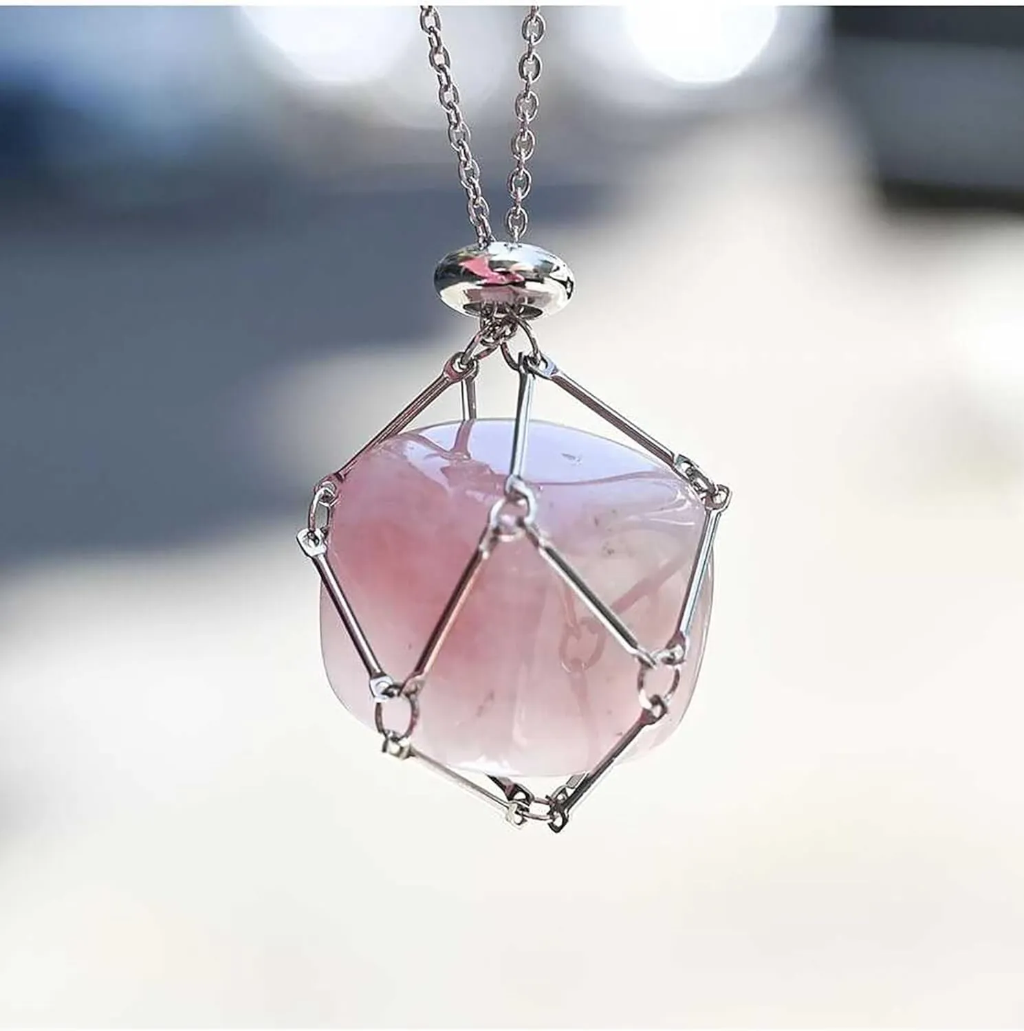 Crystal Holder Necklace, Stainless Steel Cage for Stone Adjustable Natural Crystal Cage Holder Necklaces Quartz Natural Gemstone Jewelry for Women Men