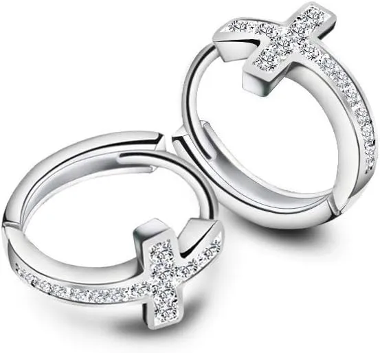 Cubic Zirconia Cross Small Hoop Earrings for Women Girls Sterling Silver Crystal Religious Tiny Huggie Hoops 12mm Fashion Jewelry Gifts