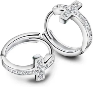 Cubic Zirconia Cross Small Hoop Earrings for Women Girls Sterling Silver Crystal Religious Tiny Huggie Hoops 12mm Fashion Jewelry Gifts