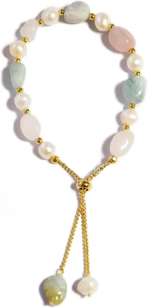 Cultured Freshwater Pearls and Natural Stones Beaded Gold Bracelet Christmas gifts for Women Multicolor Adjustable Slider Bracelets Aventurine/Morganite/Sunstone/Agate Charm Jewelry Synthetic Pearl