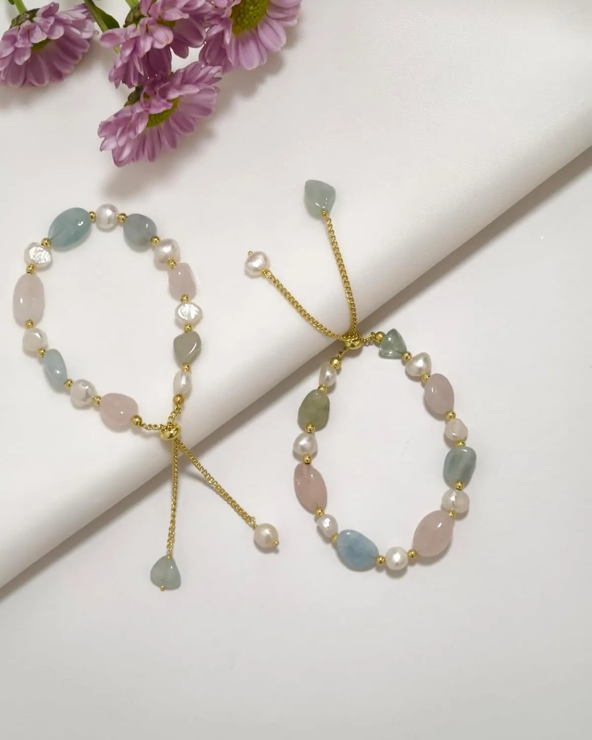 Cultured Freshwater Pearls and Natural Stones Beaded Gold Bracelet Christmas gifts for Women Multicolor Adjustable Slider Bracelets Aventurine/Morganite/Sunstone/Agate Charm Jewelry Synthetic Pearl