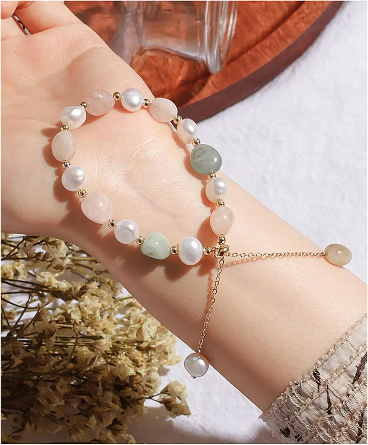 Cultured Freshwater Pearls and Natural Stones Beaded Gold Bracelet Christmas gifts for Women Multicolor Adjustable Slider Bracelets Aventurine/Morganite/Sunstone/Agate Charm Jewelry Synthetic Pearl
