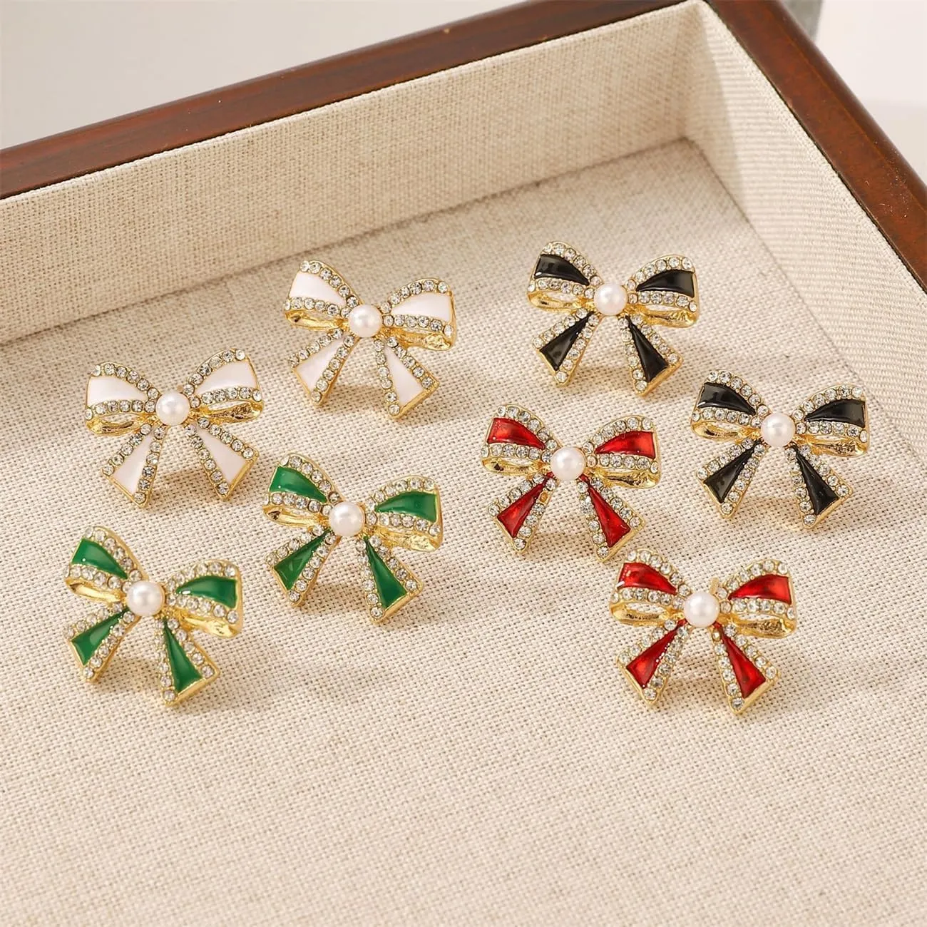 Dainty Pearl Bow Knot Small Stud Earrings for Women Cute Crystal Butterfly Tie Stud Earrings Wedding Party Daily Jewelry