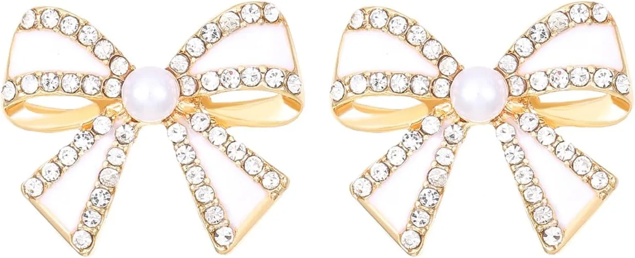 Dainty Pearl Bow Knot Small Stud Earrings for Women Cute Crystal Butterfly Tie Stud Earrings Wedding Party Daily Jewelry
