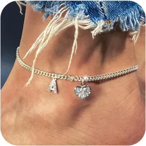 Dainty Silver Initial Heart Anklets for Women Personalized Sparkle Ankle Bracelets Simple Letter Anklet Everyday Jewelry Gift for Her