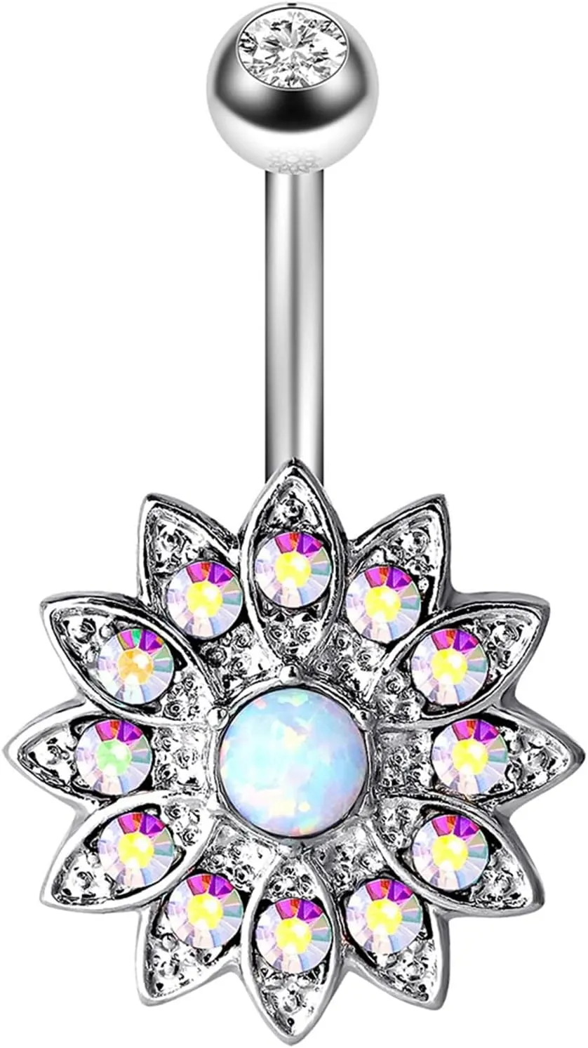 Dangle Belly Button Rings, Belly Ring Cute Unique Stainless Steel Navel Rings Belly Button Nails Round Opal