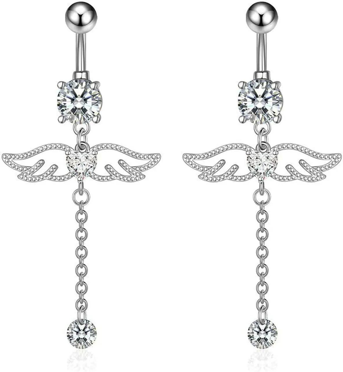 Dangle Navel Rings Surgical Steel, 2Pcs Navel Rings for Women Beach Silver Cubic Zirconia Long 14G Belly Button Ring Dangling Unique Angel Wing