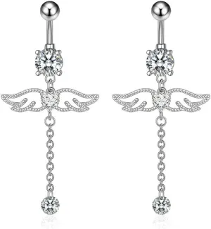 Dangle Navel Rings Surgical Steel, 2Pcs Navel Rings for Women Beach Silver Cubic Zirconia Long 14G Belly Button Ring Dangling Unique Angel Wing