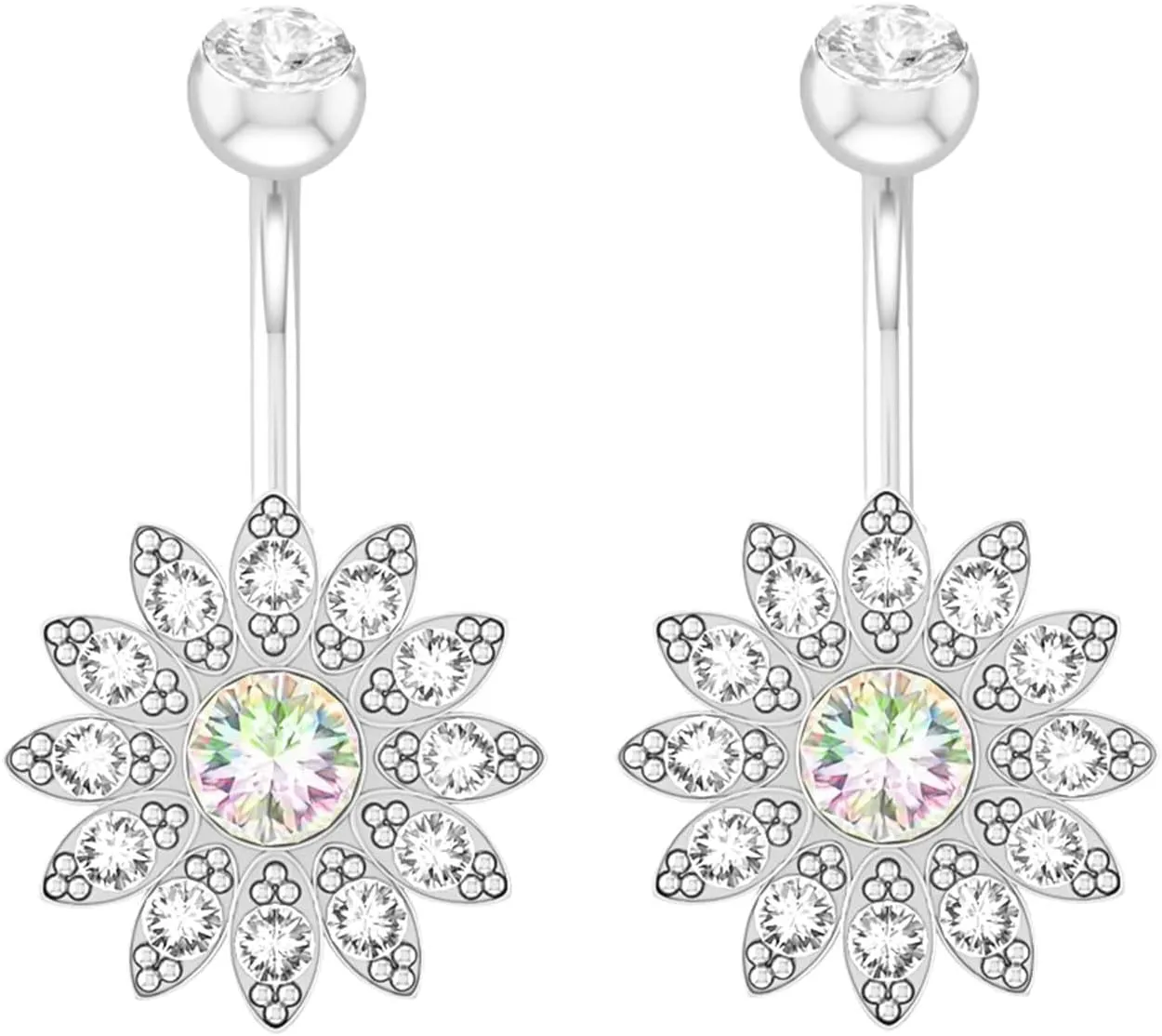 Dangling Belly Button Rings Surgical Steel, 2pcs Unique Navel Rings for Women Cubic Zirconia Studs Belly Ring 14 Gauge Flower