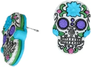 Day of the Dead Sugar Skull Stud Earrings, Turquoise and Purple Floral Design, Mexican Folk Art Style