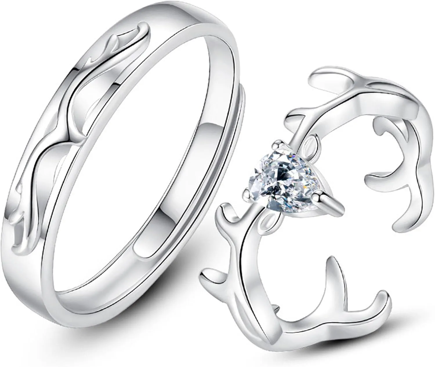 Deer Antler Couples Matching Rings Set Cute Silver Deer Ring Dainty CZ Cubic Zirconia Adjustable Matching Deer Antler Wedding Rings for Women Men