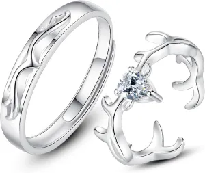 Deer Antler Couples Matching Rings Set Cute Silver Deer Ring Dainty CZ Cubic Zirconia Adjustable Matching Deer Antler Wedding Rings for Women Men