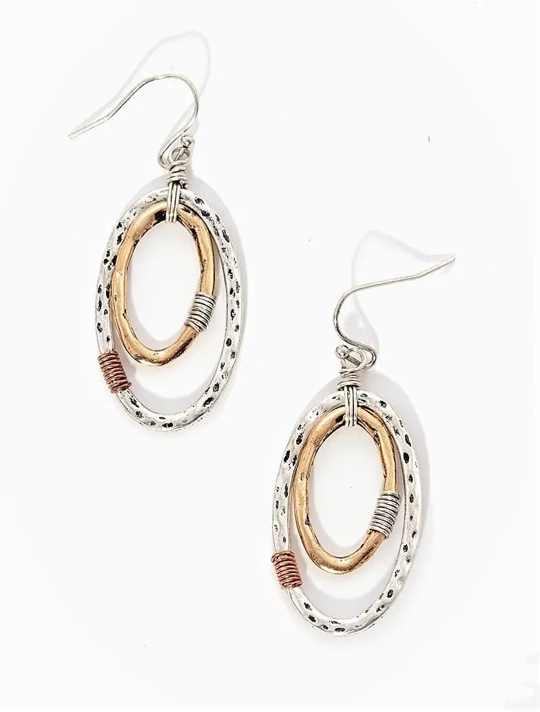 Della's Designs Oval Dangle Drop Earrings for Women, In Three Antique Blended Earth Tone Colors, Gold, Silver, & Copper with a Hammered Finish and Wire Wrap