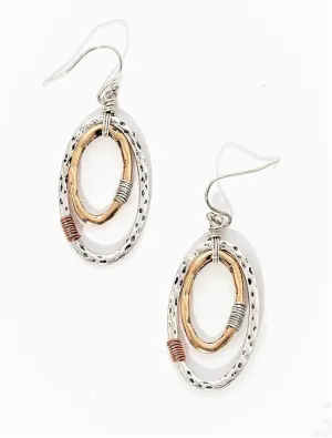 Della's Designs Oval Dangle Drop Earrings for Women, In Three Antique Blended Earth Tone Colors, Gold, Silver, & Copper with a Hammered Finish and Wire Wrap