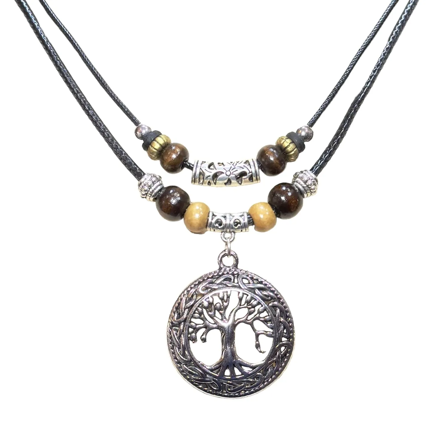 Double Layer Tree of Life Pendant Necklace features a double layer design Wood Beaded Jewelry Gifts for Mens Womens Wife Her Daughter Mom Grandma (Silver)
