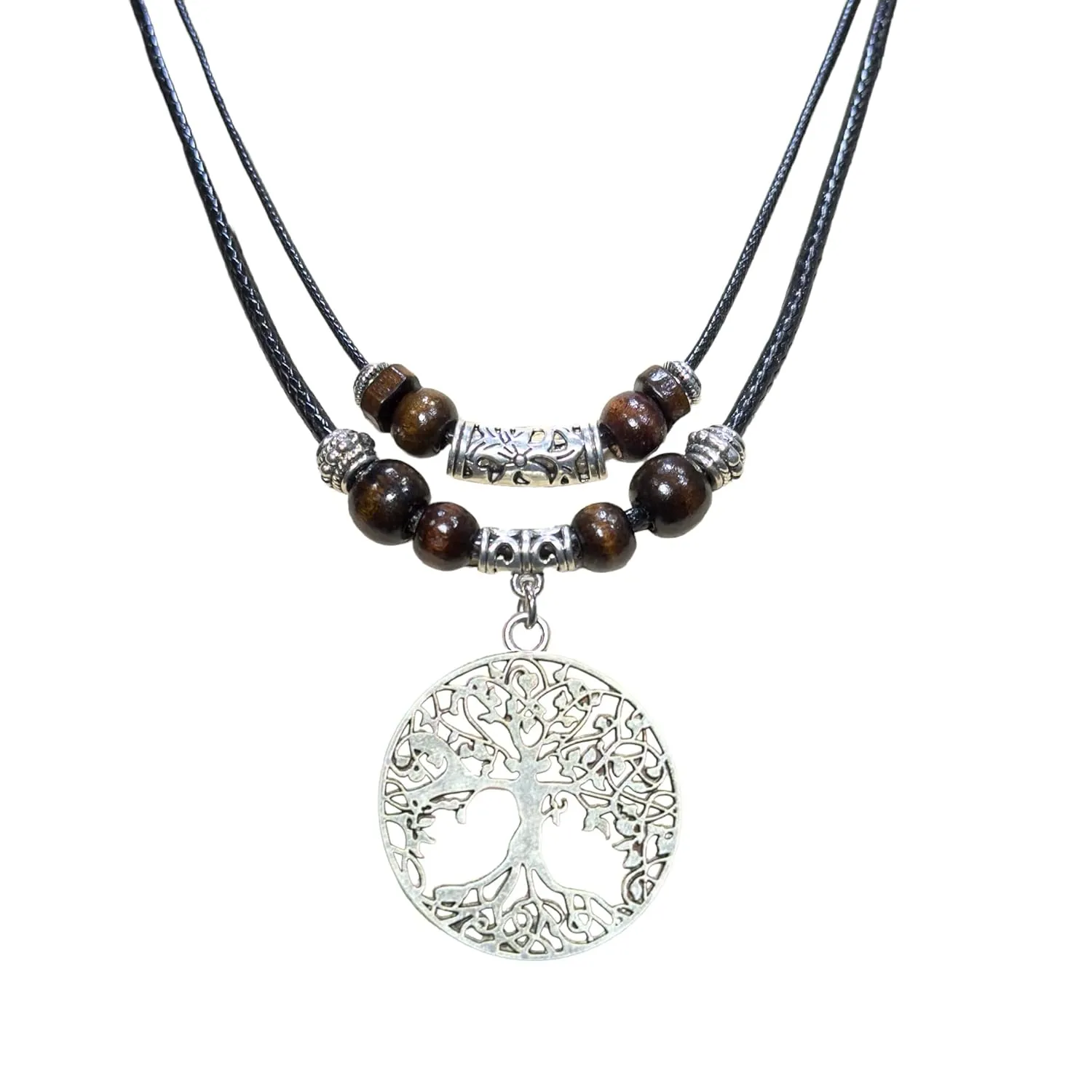 Double Layer Tree of Life Pendant Necklace Wood Beaded Jewelry Gifts for Mens Womens Wife Her Daughter Mom Grandma (Silver)