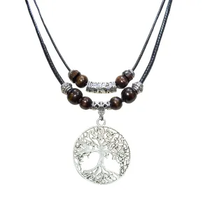 Double Layer Tree of Life Pendant Necklace Wood Beaded Jewelry Gifts for Mens Womens Wife Her Daughter Mom Grandma (Silver)