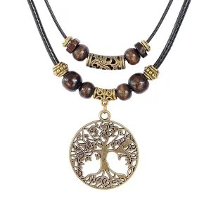 Double Layer Tree of Life Pendant Necklace Wood Beaded Jewelry Gifts for Mens Womens Wife Her Daughter Mom Grandma