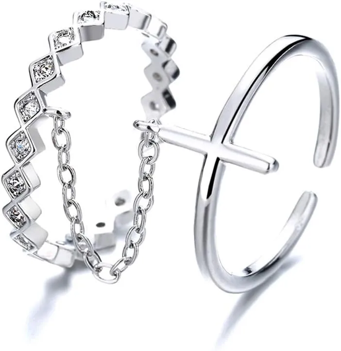 Double Open Cross Faith Rings for Women Silver Plated CZ Geometric Chain Unique knuckle Stacking Finger Adjustable Statement Engagement Ring Gifts for Her Bff Xmas
