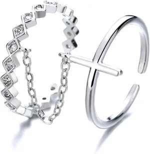 Double Open Cross Faith Rings for Women Silver Plated CZ Geometric Chain Unique knuckle Stacking Finger Adjustable Statement Engagement Ring Gifts for Her Bff Xmas