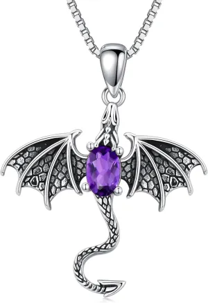 Dragon Amethyst Pendant Necklace for Women, Silver Oxide Dragon Necklaces Vintage Jewelry Birthday Christmas Gifts