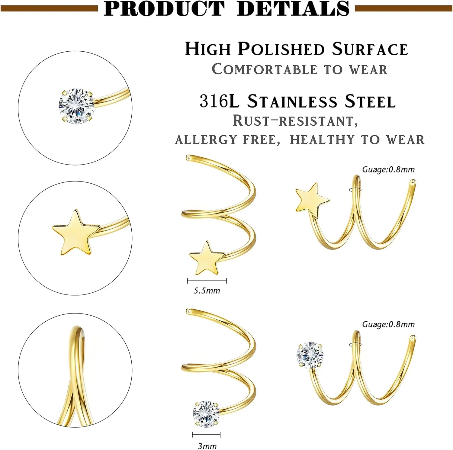 Drperfect 10 Pairs Twisted Hoop Earrings for Women - 316L Stainless Steel Spiral Cuff Wrap Double Hoop Twist Earrings