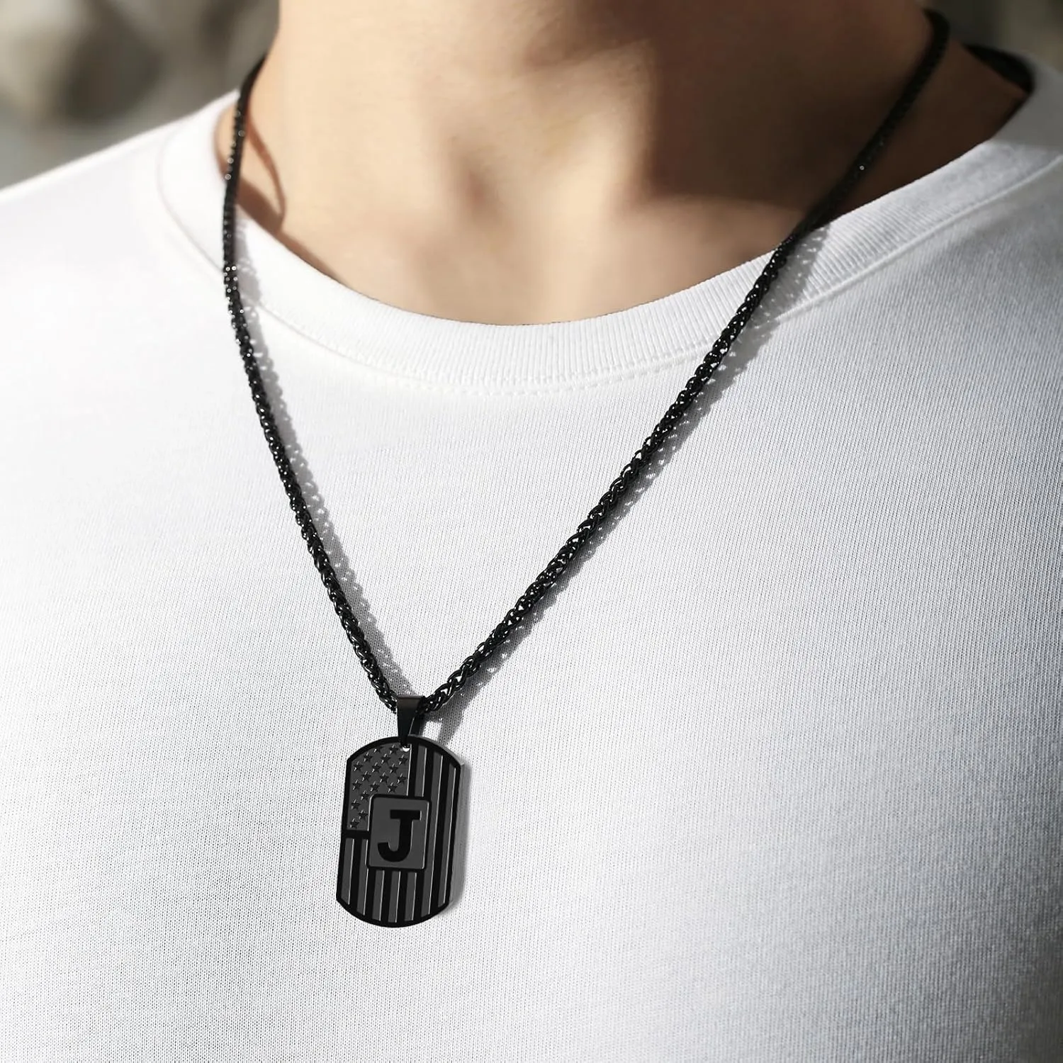 DuoDiner Graduation Easter Gifts-Initial Necklace Gifts for Men Boys Kids,A-Z Capital Letter American Flag Dog Tag Necklace 24 Inches Stainless Steel Mens Chain Easter Gifts for Kids Boys Men Teens
