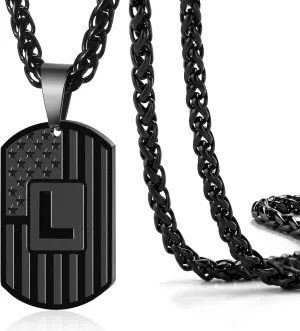 DuoDiner Graduation Easter Gifts-Initial Necklace Gifts for Men Boys Kids,A-Z Capital Letter American Flag Dog Tag Necklace 24 Inches Stainless Steel Mens Chain Easter Gifts for Kids Boys Men Teens