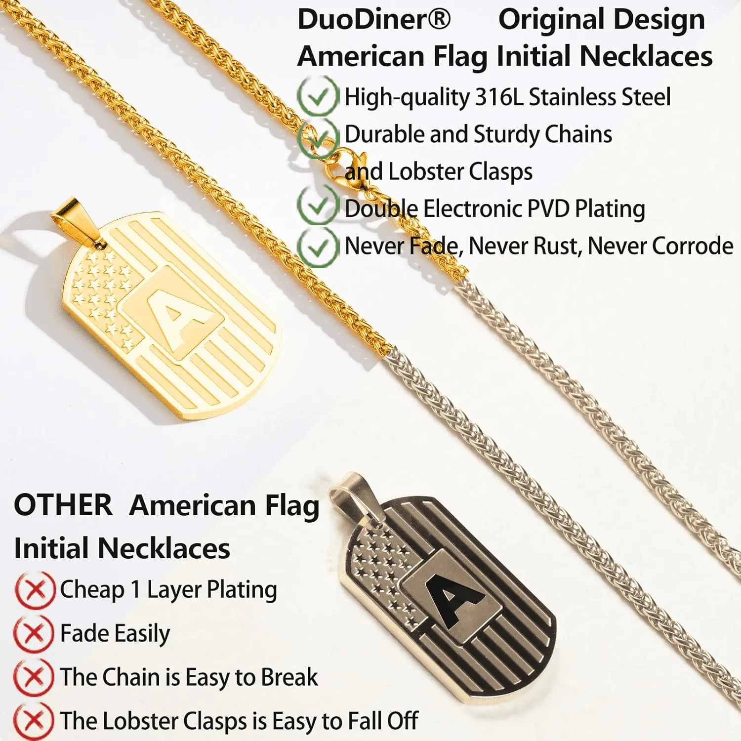 DuoDiner Graduation Easter Gifts-Initial Necklace Gifts for Men Boys Kids,A-Z Capital Letter American Flag Dog Tag Necklace 24 Inches Stainless Steel Mens Chain Easter Gifts for Kids Boys Men Teens
