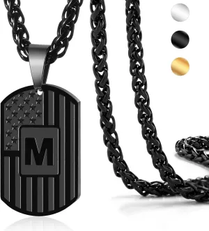 DuoDiner Graduation Easter Gifts-Initial Necklace Gifts for Men Boys Kids,A-Z Capital Letter American Flag Dog Tag Necklace 24 Inches Stainless Steel Mens Chain Easter Gifts for Kids Boys Men Teens