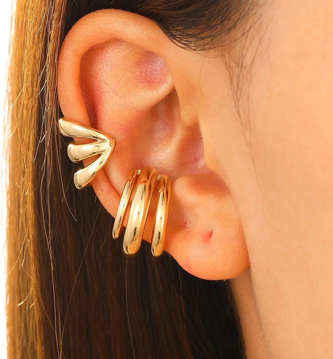Ear Cuffs for Women, Gold Ear Cuff Earring Non Pierced Ear Cartilage Clip Minimalist Three Layers of Ear Clips Adjustable Fake Earrings Jewelry for Wome