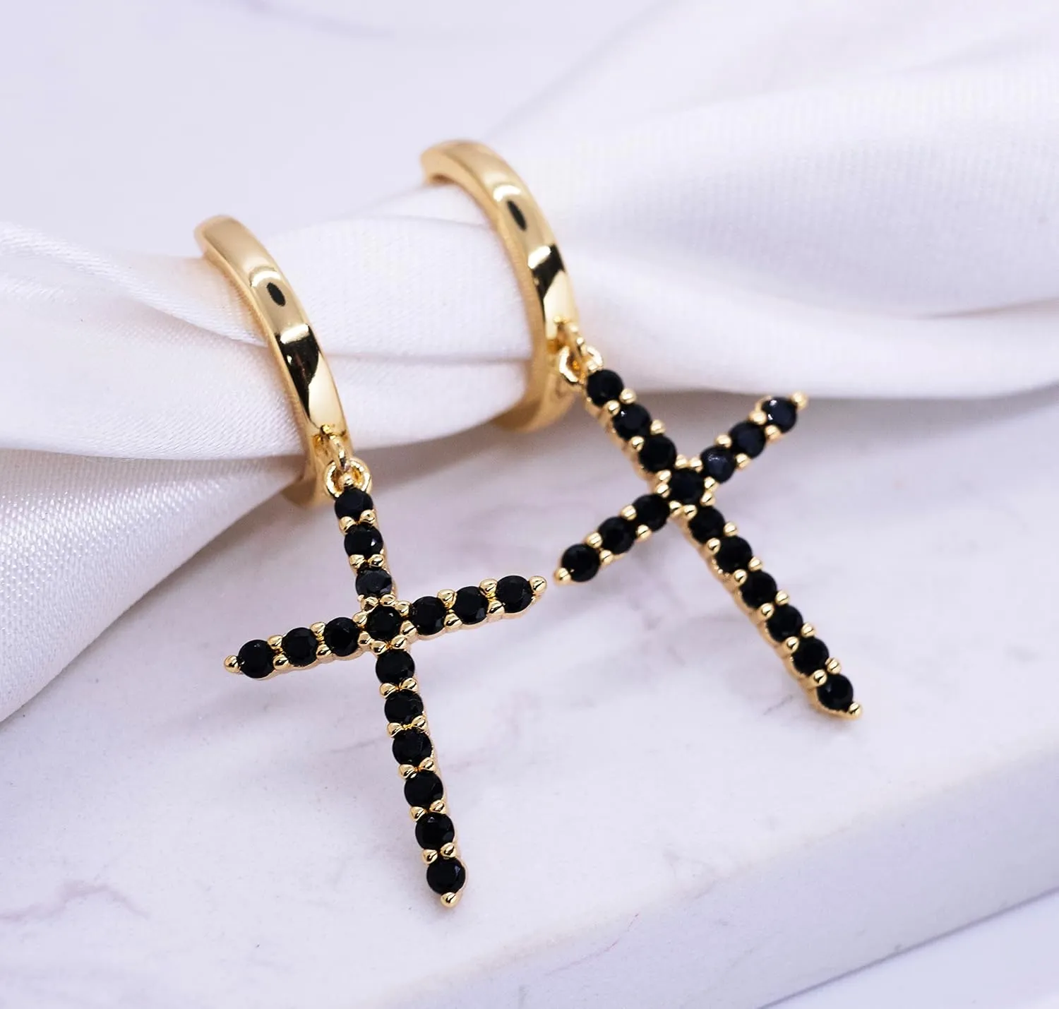 EARFULL Cross Hoop Dangle Earrings 18K Gold Plated Cubic Zirconia Hypoallergenic Cross Dangle Drop Huggie Earrings for Women Men | Small Minimalist Religious Faith Trendy Cross Stud Earrings