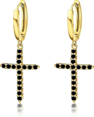 EARFULL Cross Hoop Dangle Earrings 18K Gold Plated Cubic Zirconia Hypoallergenic Cross Dangle Drop Huggie Earrings for Women Men | Small Minimalist Religious Faith Trendy Cross Stud Earrings