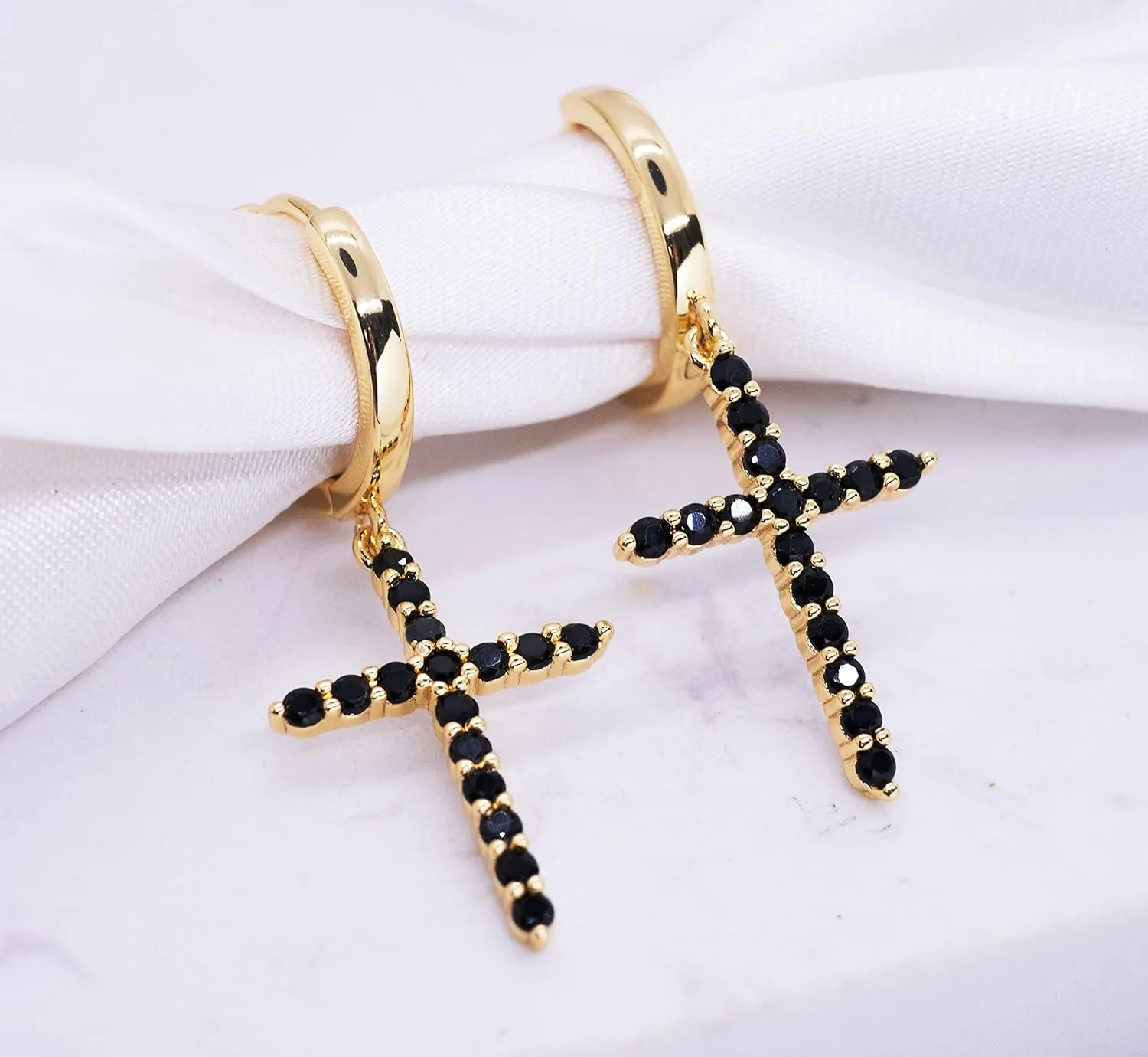 EARFULL Cross Hoop Dangle Earrings 18K Gold Plated Cubic Zirconia Hypoallergenic Cross Dangle Drop Huggie Earrings for Women Men | Small Minimalist Religious Faith Trendy Cross Stud Earrings